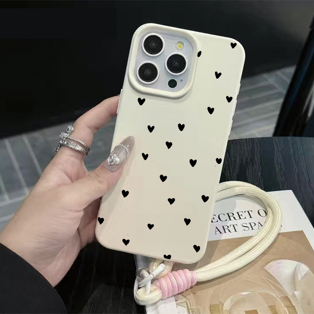 Phone Cases Leather - ブラックハートストラップロープ付きスマホケース iPhone 17 16 15 14