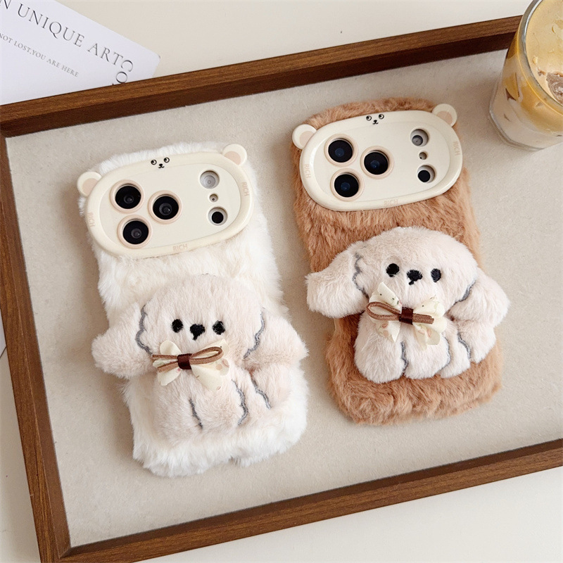 Phone Cases Iphone 16 - 3D漫画風リボン付き子犬のふわふわぬいぐるみスマホケース iPhone 17 Air 16 15