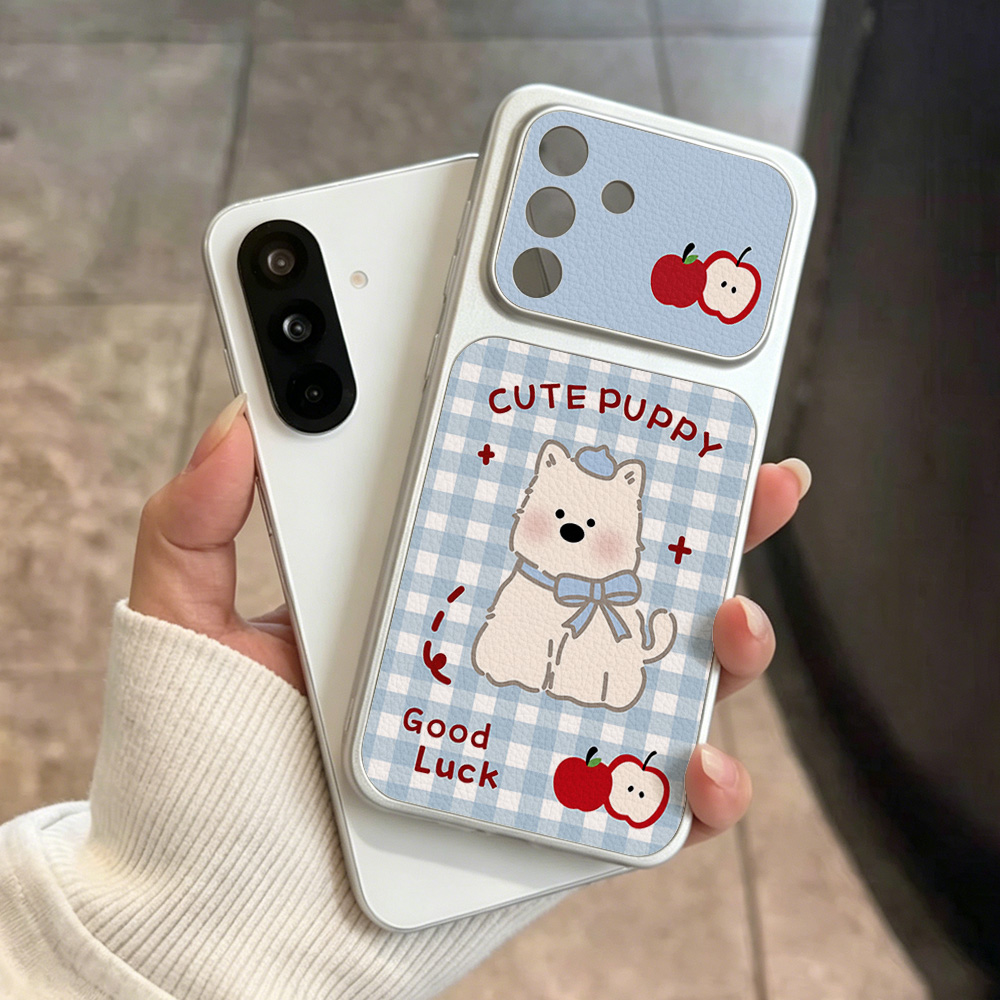 Phone Cases Leather - 青い格子柄の子犬柄スマホケース Samsung A57 A27 A56 A16
