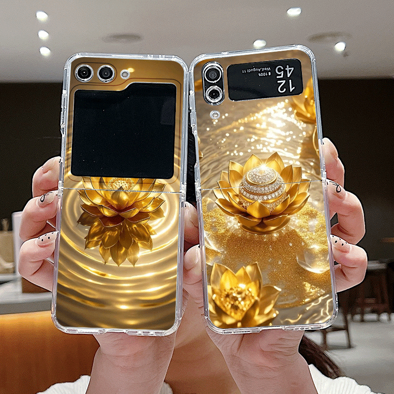 Phone Cases Z Flip 6 - クリエイティブな金色の蓮の花模様のスマホケース、Samsung Galaxy Z Flip 7 Flip