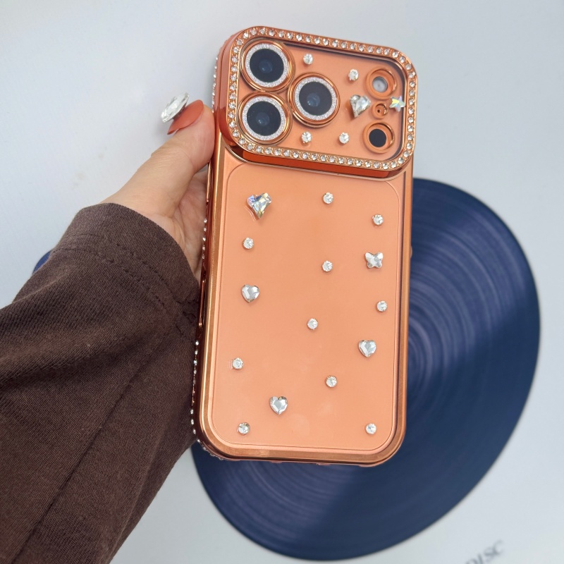 Phone Cases Orange - 手作りの宝石で飾られたクリスタルメッキのオレンジ色のiPhone17、16、14Plus、15Pro、13Pro、12、11用スマホケース、ソフトTPUカバー、スキン、ボディ保護
