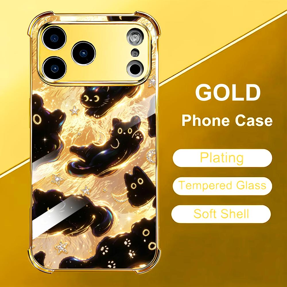 Phone Cases Rhode - プレミアムゴールデンブラックキャットガラス製スマホケース iPhone用、rhode用、iPhone 17、16、15、14、13、12 Pro Plus用