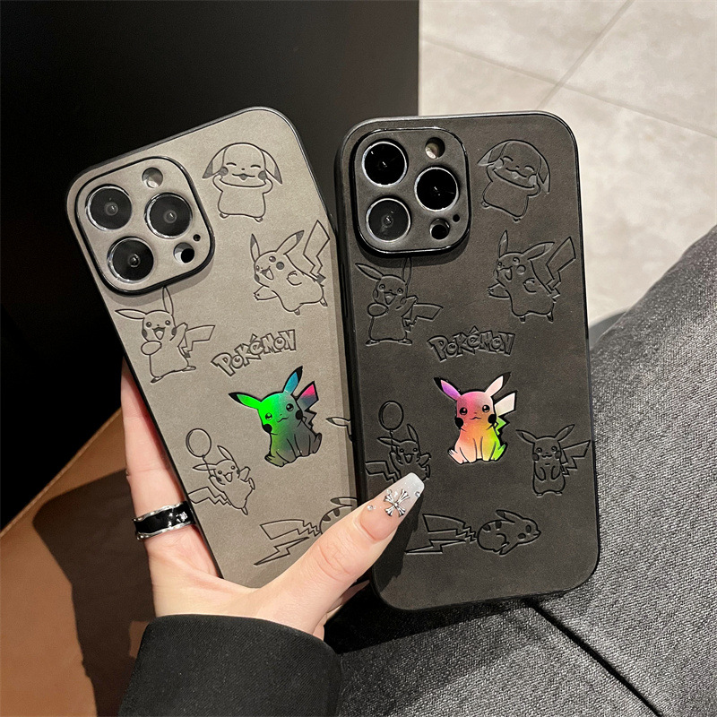 Phone Cases Durable - 漫画ピカチュウフェイクレザーレーザー携帯電話ケース iPhone 15 14 13 12