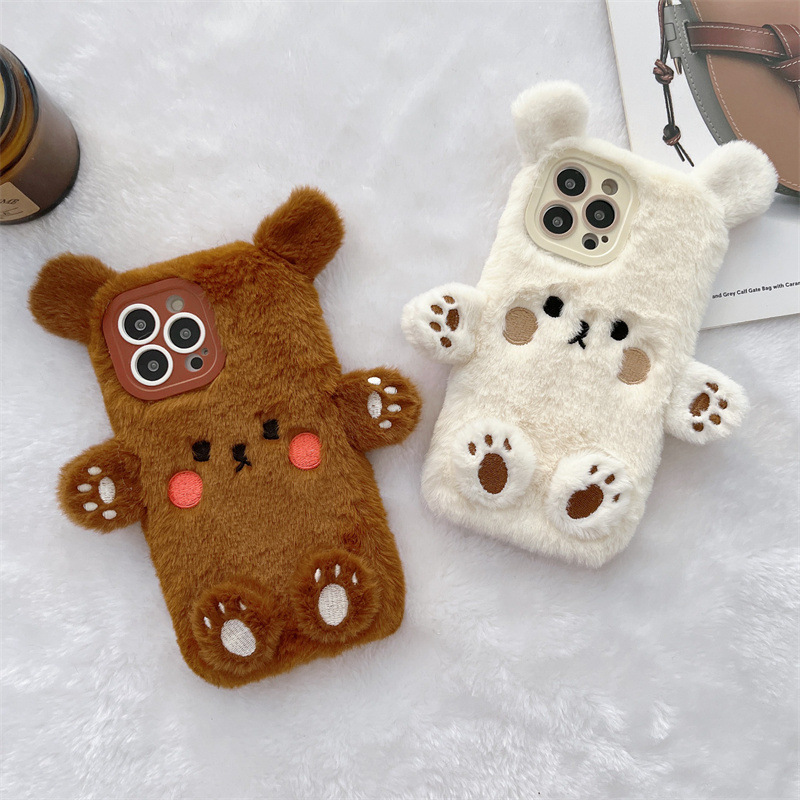 韓国の3D漫画風クマのふわふわぬいぐるみカップル携帯ケース  - Phone Cases Leather のレビューと価格