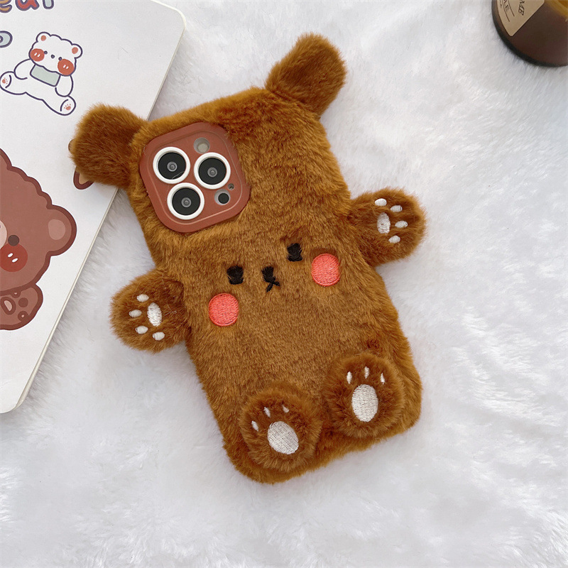 韓国の3D漫画風クマのふわふわぬいぐるみカップル携帯ケース  - Phone Cases Leather のレビューと価格