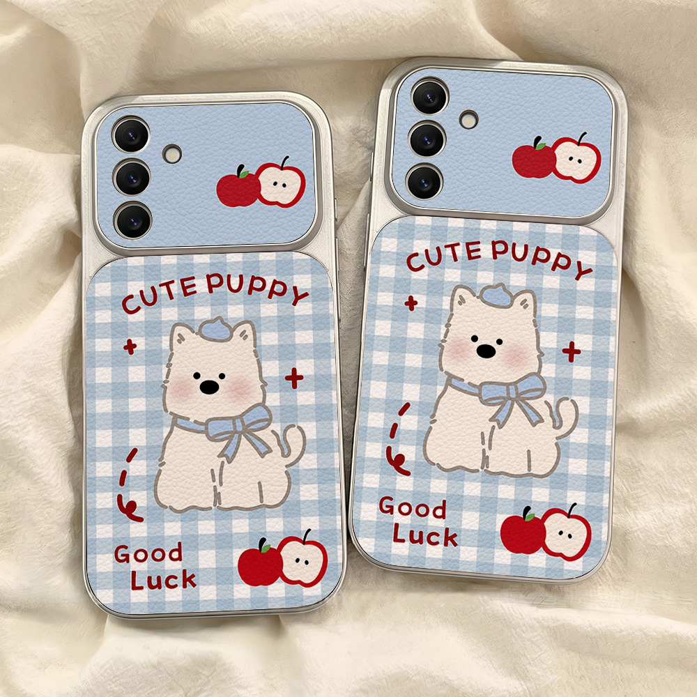 青い格子柄の子犬柄スマホケース Samsung A57 A2 - Phone Cases Leather のレビューと価格