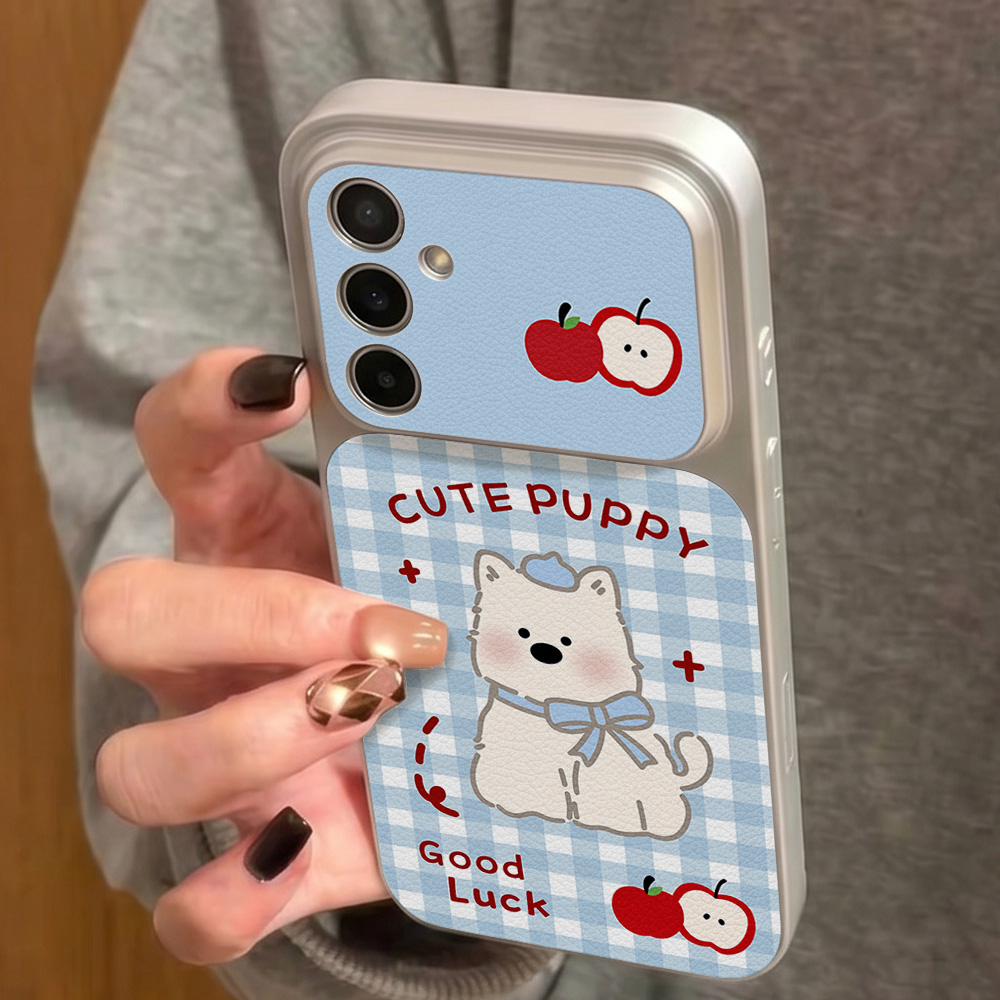 青い格子柄の子犬柄スマホケース Samsung A57 A2 - Phone Cases Leather のレビューと価格