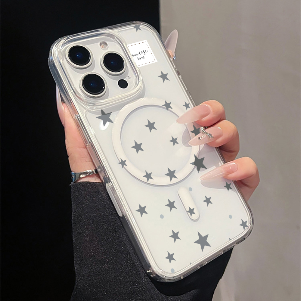 グレーの星柄プリント マグネット式クリアスマホケース iPh - Phone Cases Clear のレビューと価格