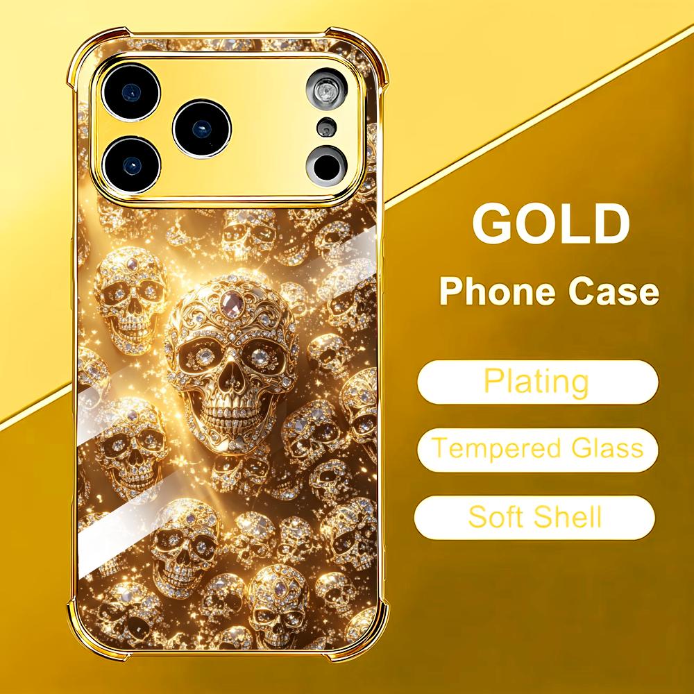 豪華なゴールデンスカルガラス製スマホケース iPhoneケー - Phone Cases Rhode のレビューと価格