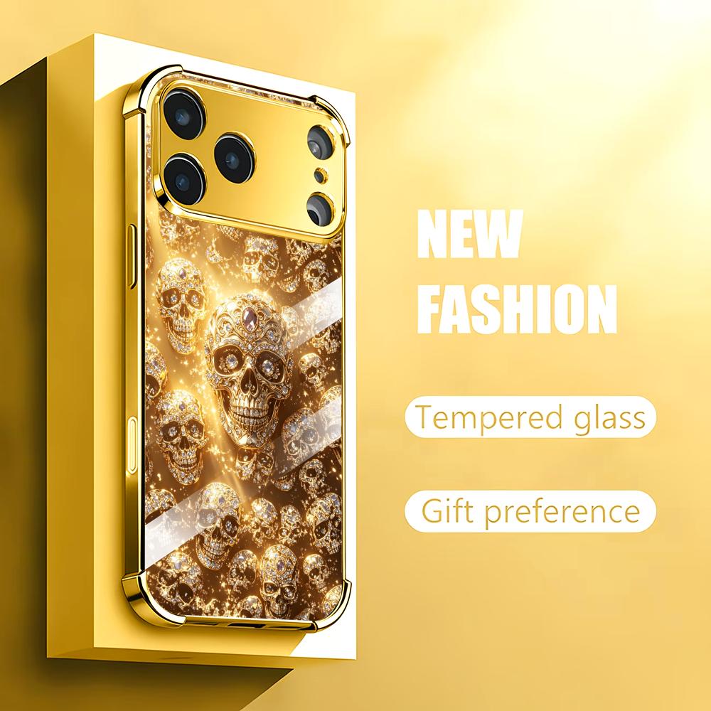 豪華なゴールデンスカルガラス製スマホケース iPhoneケー - Phone Cases Rhode のレビューと価格