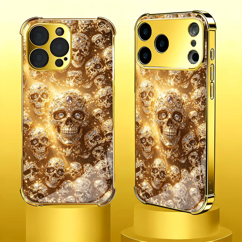 豪華なゴールデンスカルガラス製スマホケース iPhoneケー - Phone Cases Rhode のレビューと価格